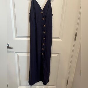 Navy Linen button up dress with side slit - size M
